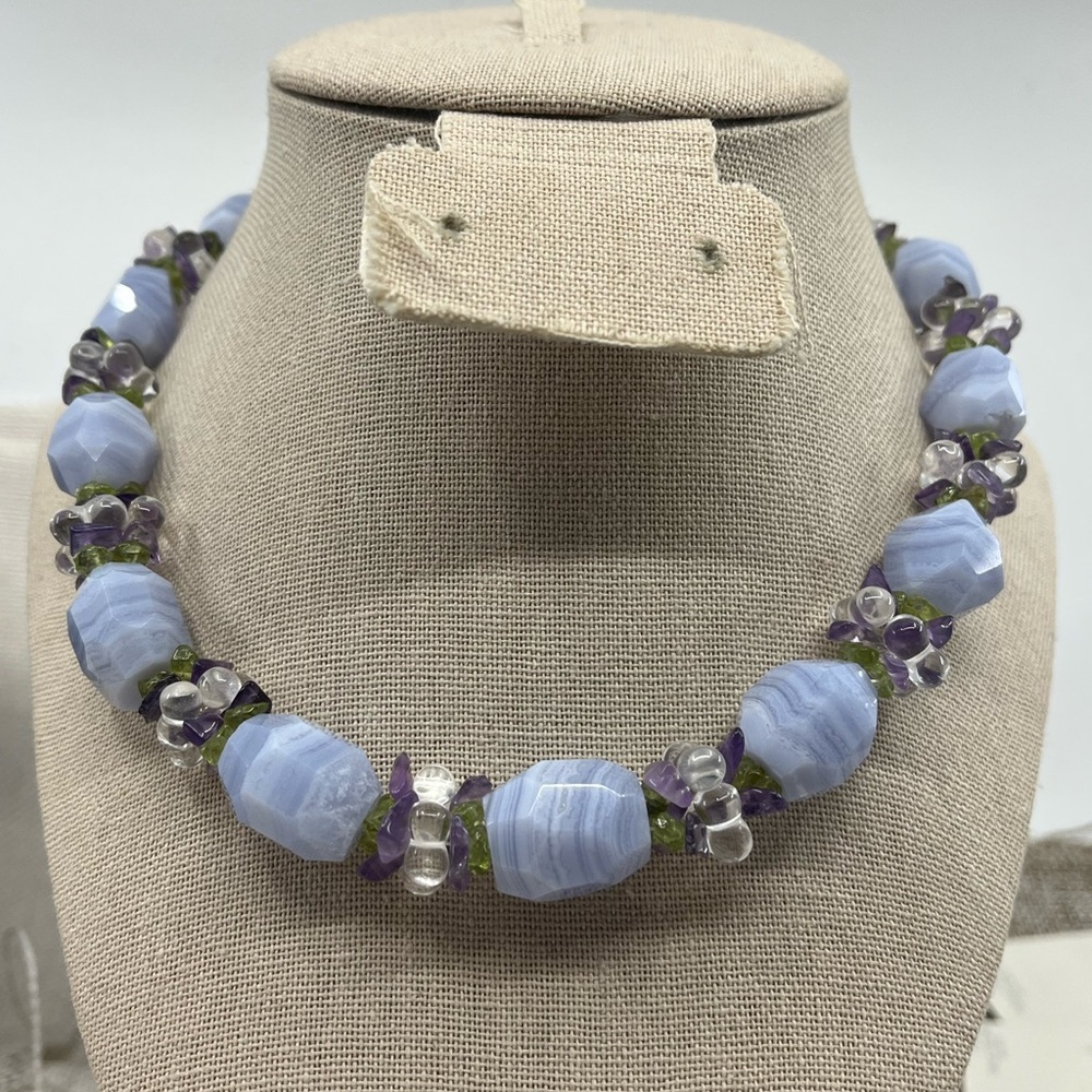 Ross-Simons Gemstone Cluster Necklace – Blue Agate, Amethyst, Peridot, Quartz - Picture 3 of 17